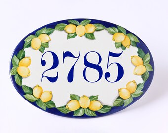 Custom House Numbers Tile Lemons Ceramic Address Sign Blue Address Numbers House Name Plaque Exterior Home Decor