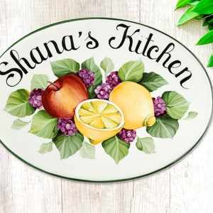 Ceramic kitchen sign with Apple lemons blackberries, Custom sign with name, Personalized gift for wife, kitchen signs image 4