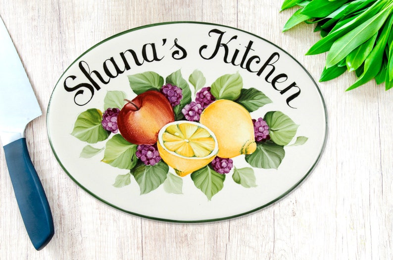 Ceramic kitchen sign with Apple lemons blackberries, Custom sign with name, Personalized gift for wife, kitchen signs image 4