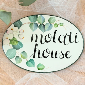 Custom House Name Plate, Last Name Sign - Outdoor Ceramic House Plaque, Eucalyptus