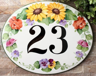 Personalized house numbers Sunflowers and roses, Custom address sign Ceramic house number plaque