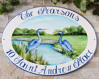 Custom house sign with blue Heron, Address plaque ceramic, Outdoor wall decor