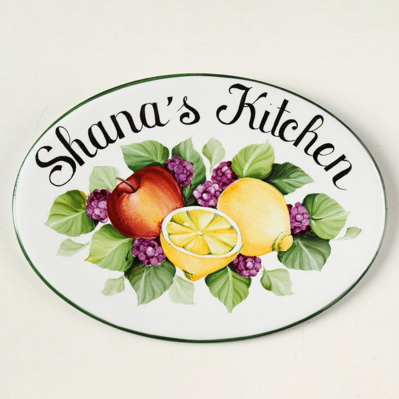 Ceramic kitchen sign with Apple lemons blackberries, Custom sign with name, Personalized gift for wife, kitchen signs image 1