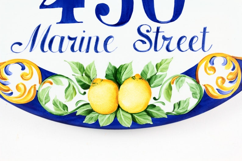 Numero civico in ceramica ovale con limoni in stile Positano, Targa con nomi e indirizzo dipinta a mano, Targa per la casa personalizzabile immagine 3
