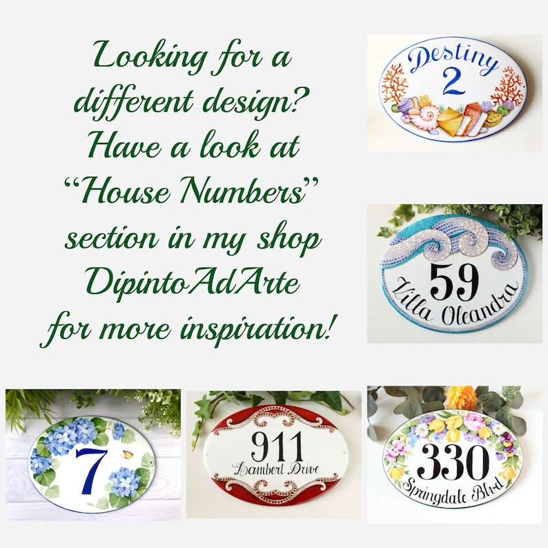 May include: A collection of hand-painted ceramic house number signs with various designs. The signs feature numbers, street names, and decorative elements like flowers, seashells, and waves. The signs are oval-shaped and have a white background with colorful accents.
