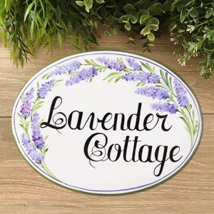 Personalized Lavender Cottage Sign, Outdoor House Name Plaque, Hand Painted Door Sign, Ceramic Garden Sign