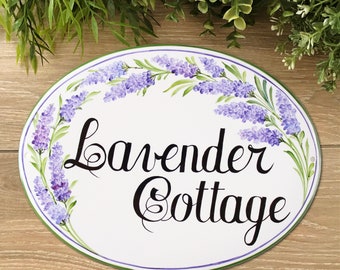 Lavender cottage name sign Personalized, Ceramic house sign for Front door, Address plaque customizable
