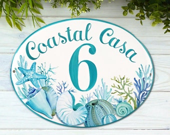 Coastal House Number Sign personalized with corals and shells, Outdoor beach decor blue and teal, Address Plaque ceramic