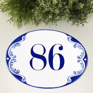 Oval custom House numbers Ceramic address plaque blue, Entryway door sign, House number sign, Address sign outdoor, Gift for the home image 3