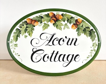Cottage Name Sign with Acorn, Personalized Ceramic House Plaque for Outdoor