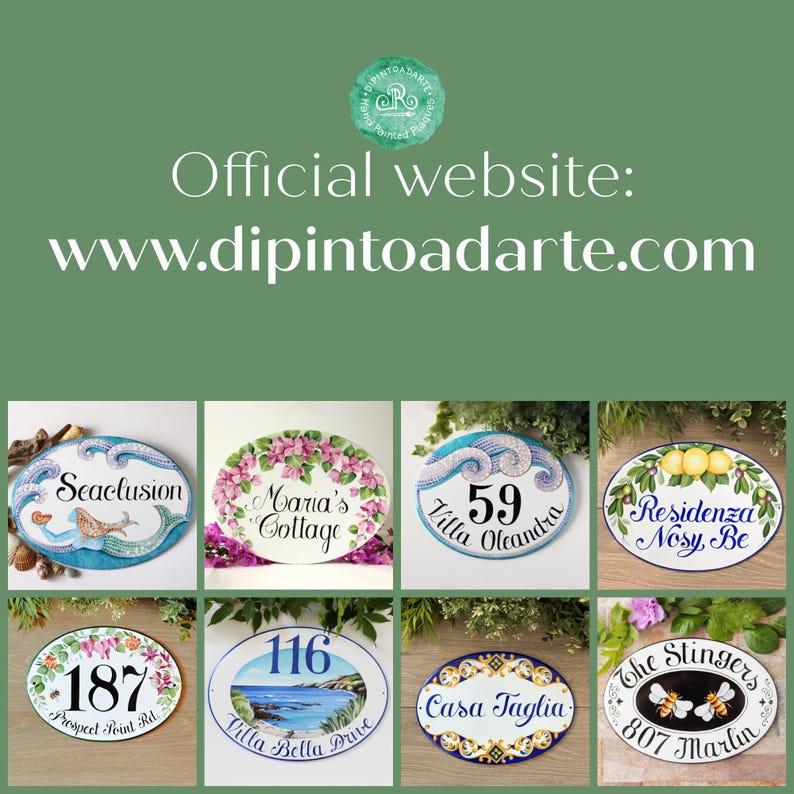 May include: A collection of eight hand-painted ceramic house number signs with various designs. The signs feature a variety of themes, including nautical, floral, and citrus. The signs are all oval-shaped and have a white background with blue, green, and yellow accents.