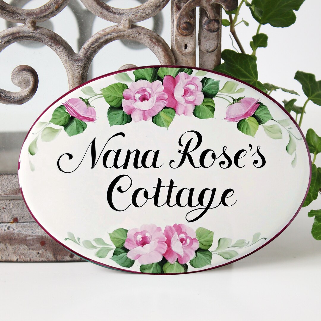Ceramic House Name Sign With Roses, Custom Cottage Sign, Outdoor Name