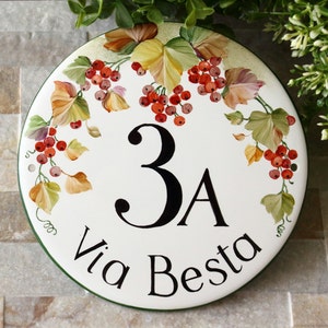 Personalized Round address sign, House Numbers with family name, Red Berries decor, Custom front door sign