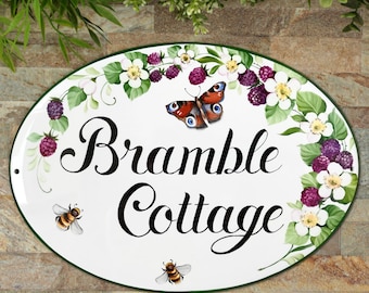 Personalized Outdoor Ceramic Cottage Name Sign Hand Painted, Butterfly Blackberry