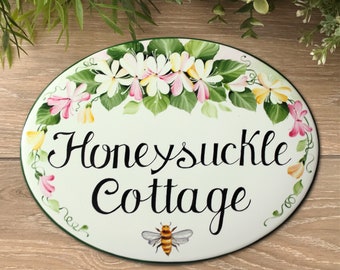 Honeysuckle Cottage Sign Outdoor address sign, Garden plaque, Custom House sign Bee, Ceramic house number