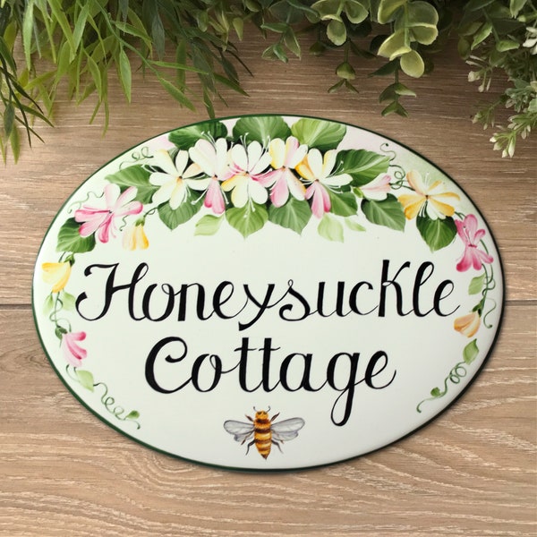 Plaque signalétique en céramique pour la maison, Numéro de maison personnalisé, Plaque de porte avec fleur de chèvrefeuille