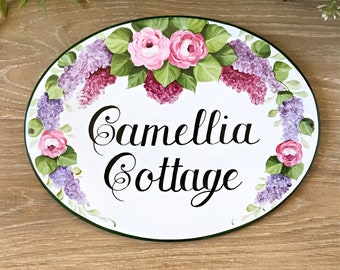 Camellias Cottage sign Ceramic house plaque, Outdoor patio sign, Personalized garden decor