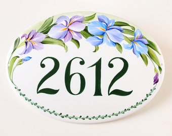 Personalized ceramic house numbers tile, Address plaque for home,  Irises flowers, Yard address sign, Custom wedding gift