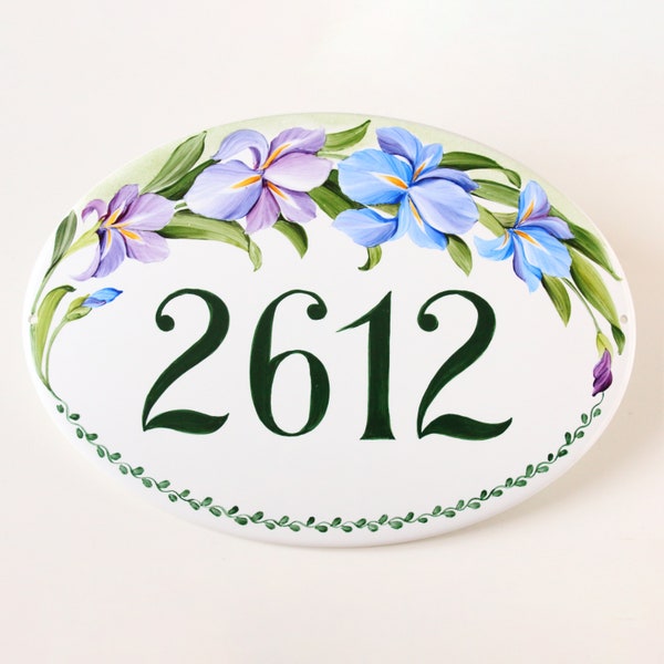 Personalized ceramic house numbers tile, Address plaque for home,  Irises flowers, Yard address sign, Custom wedding gift