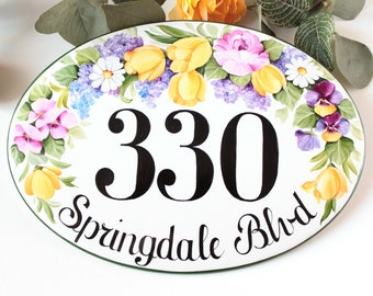 Personalized flowers House number sign Outdoor address sign, Custom ceramic house number plaque, gift for new home