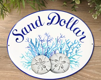 Outdoor beach house sign personalized with name, House plaque, Coastal home decor, Sand Dollars, Blue corals