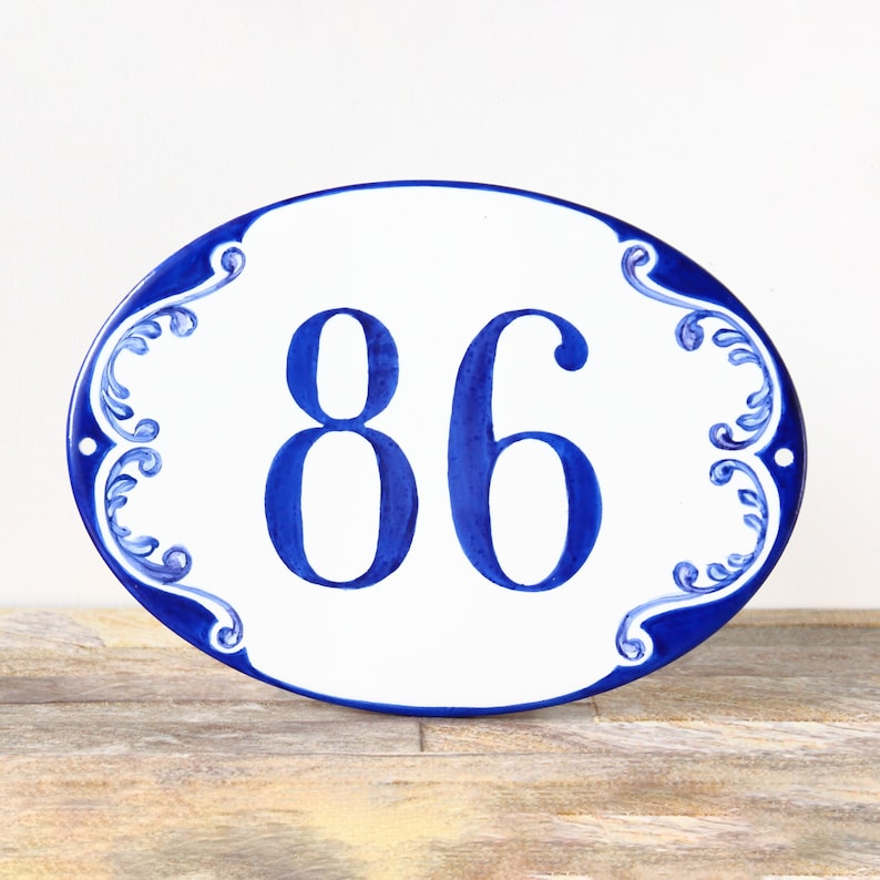 Oval custom House numbers Ceramic address plaque blue, Entryway door sign, House number sign, Address sign outdoor, Gift for the home image 1