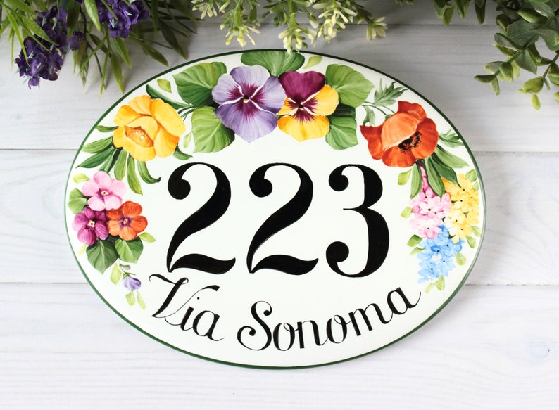 Flowers Custom House numbers address sign, Ceramic number tile for Outdoor, Address plaque welcome sign image 3