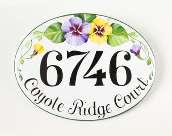 Custom Address sign House number plaque ceramic, House sign with Pansies, Personalized gift for home
