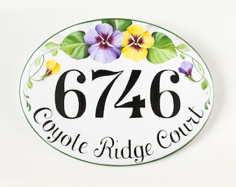 Pansy Address Sign, Door Sign, Custom House Number Plaque, Hand painted Ceramic