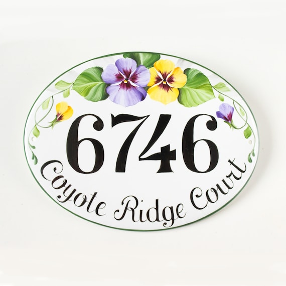 Pansy Address Sign, Door Sign, Custom House Number Plaque, Hand painted Ceramic