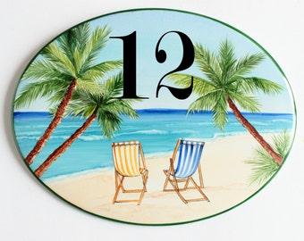 Custom address sign for beach house, Coastal address plaque, House numbers, Palm trees sign, beach chairs