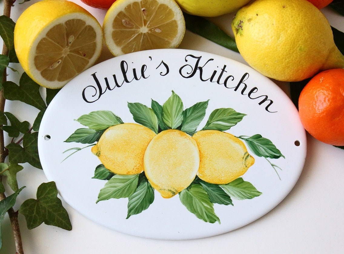 Plaque Ovale Personnalisée en Céramique Pour La Cuisine Peinte à Main avec Des Citrons, Personnalisa