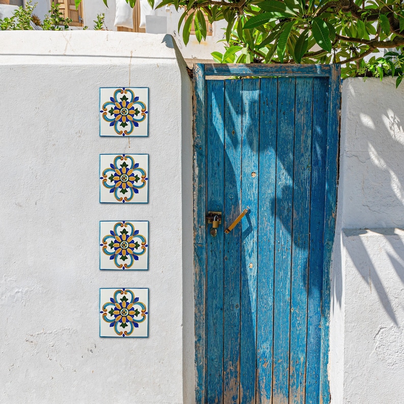 Decorative tiles for porch or patio, Outdoor Ceramic wall art, Hand painted tile turquoise, Mediterranean style, Custom tiles imagem 1