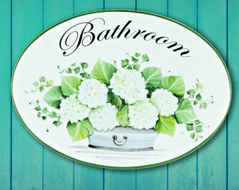 Personalized door sign white Hydrangea, Bathroom sign, Name plaque, Landry room sign