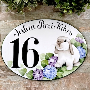 Huisnummers Bunny Outdoor, gepersonaliseerd keramisch adresbordje - Naambordje konijn huisje