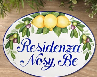 Custom outdoor sign with lemons and olives, Personalized house name sign Ceramic