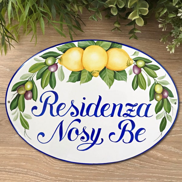 Plaque extérieure personnalisée avec citrons et olives, Plaque nom de maison personnalisée en céramique