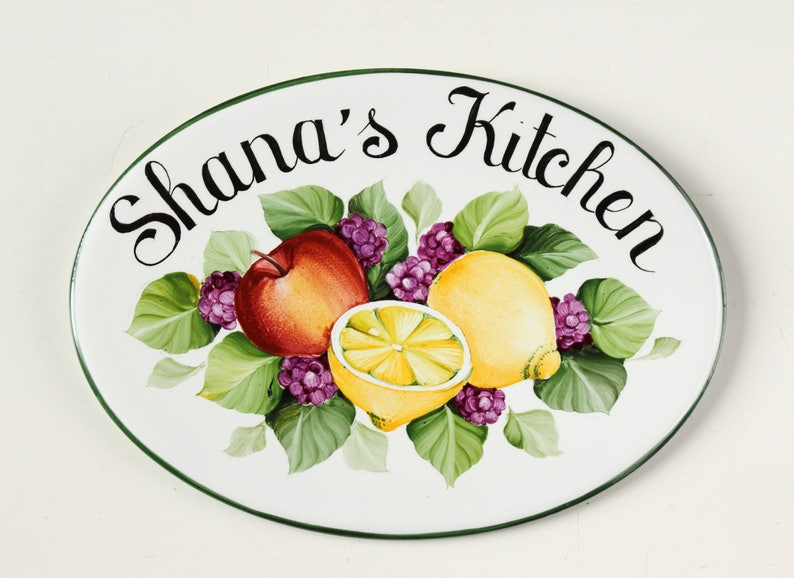 Ceramic kitchen sign with Apple lemons blackberries, Custom sign with name, Personalized gift for wife, kitchen signs image 3