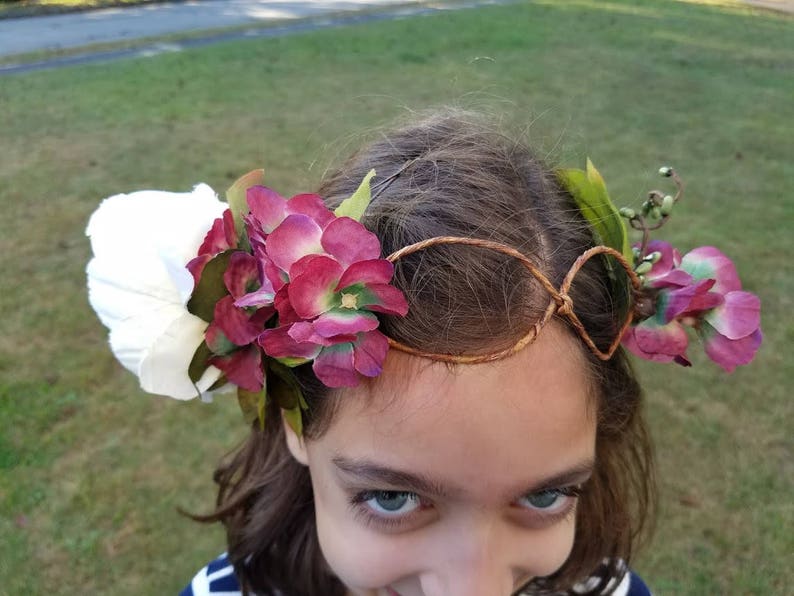 Dark Pink Hydrangeas Green Pip Berries Peony Flower princess party gifts for girls Woodland Fairy Crown- Philippa the Peony Fairy