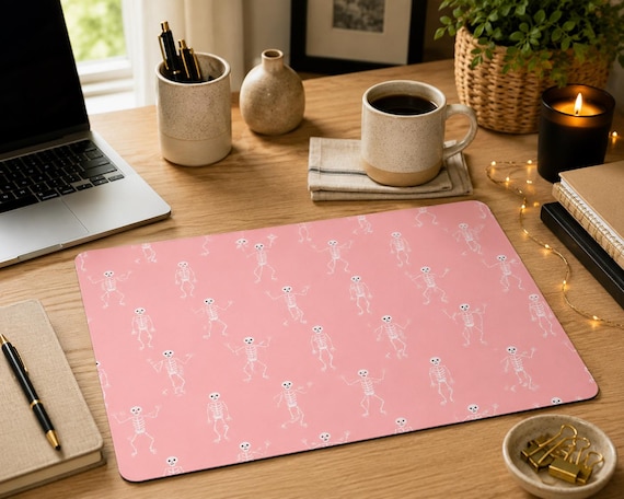 Halloween Mouse Pad | Pink Skeleton Design | Desk Decor, Office Accessory | Fall Decor