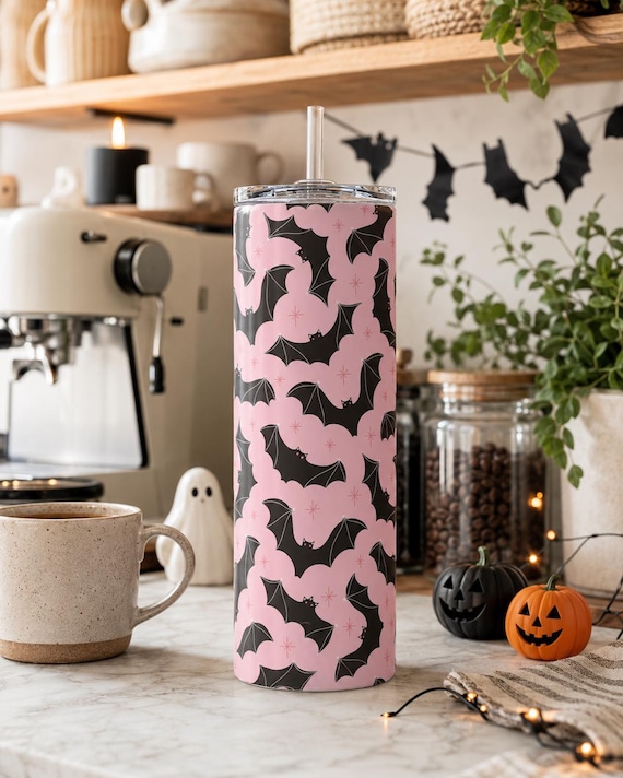 Pink Bat Halloween Tumbler | 18.5 oz Skinny Insulated Cup