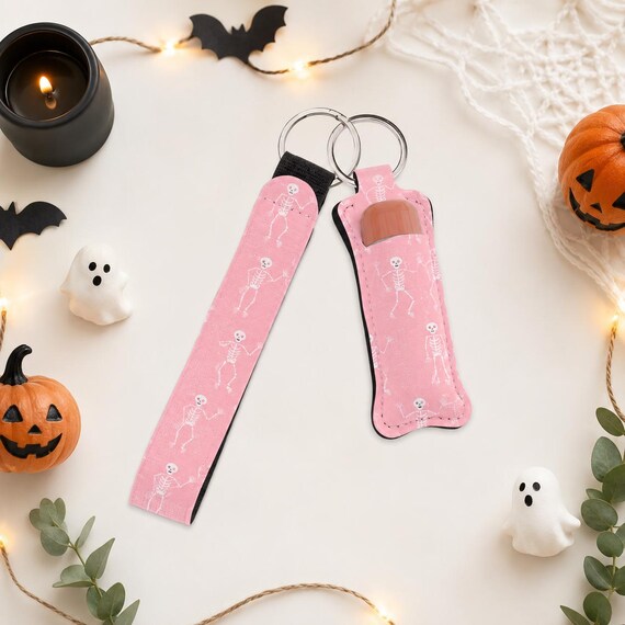 Halloween Skeleton Wristlet Keychain with Lip Balm Holder | Pink Neoprene Chapstick Accessory