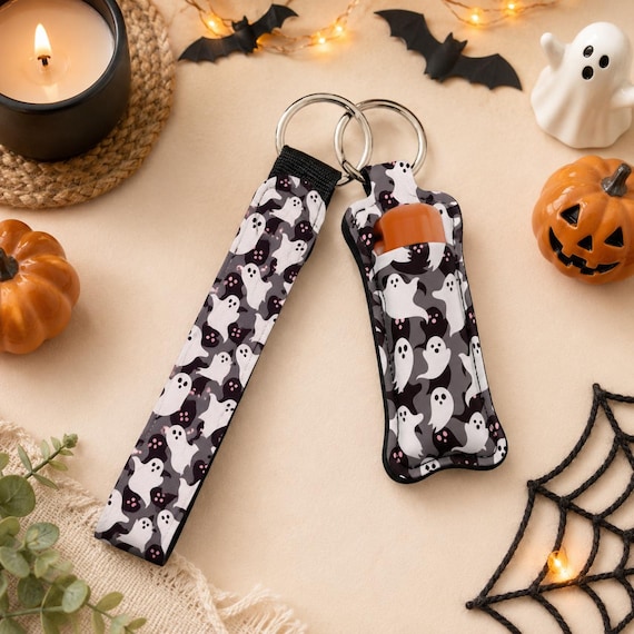 Halloween Ghost Wristlet Keychain with Lip Balm Holder | Sublimated Neoprene Chapstick Carrier