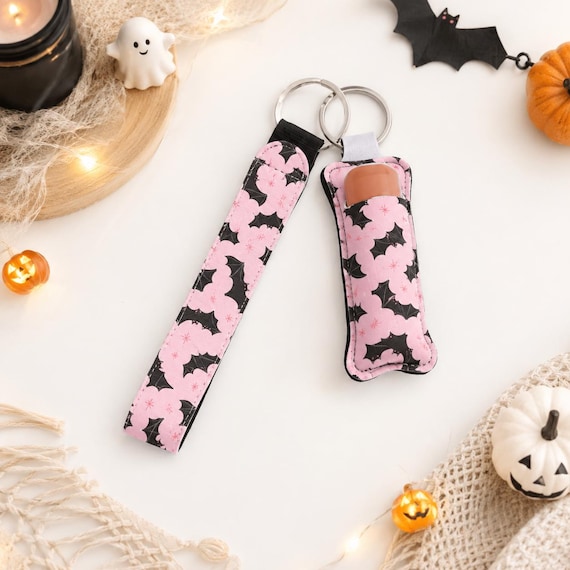 Pink Bat Halloween Wristlet Keychain with Lip Balm Holder | Sublimated Neoprene Chapstick Holder