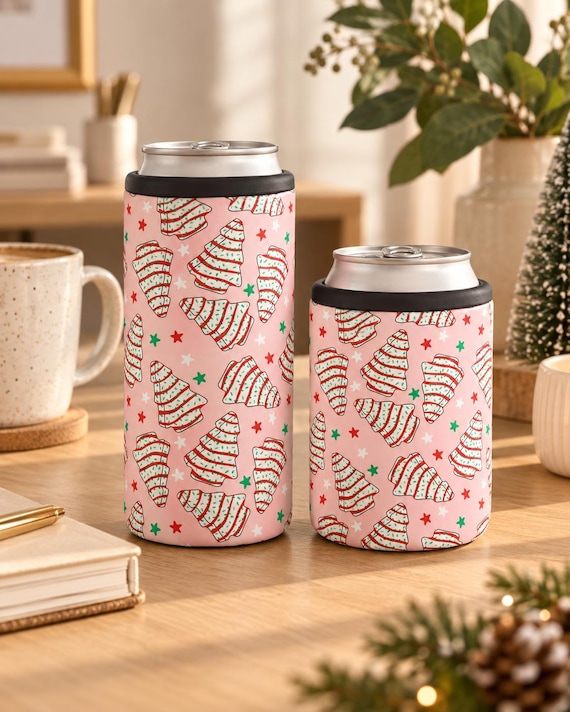 Pink Christmas Tree Cake Can Cooler, Holiday Drink Holder (12 oz)
