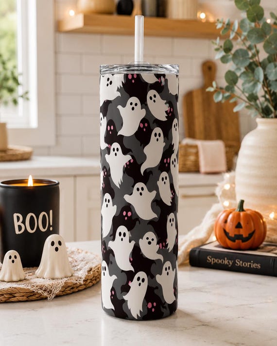 Ghost Halloween Tumbler | 18.5 oz Skinny Insulated Cup with Straw