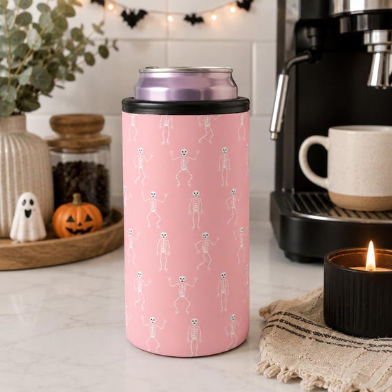 Pink Skeleton Halloween Skinny Can Cooler | 12 oz Slim Beverage Holder