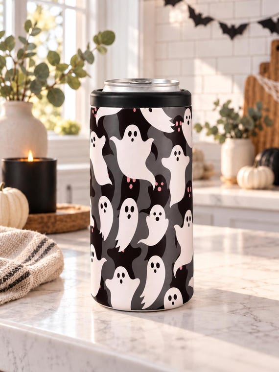 Ghost Halloween Skinny Can Cooler | Spooky Slim Beverage Holder
