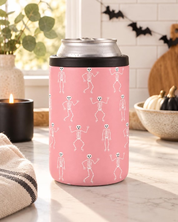 Pink Skeleton Halloween 12 oz Can Cooler | Spooky Beverage Holder