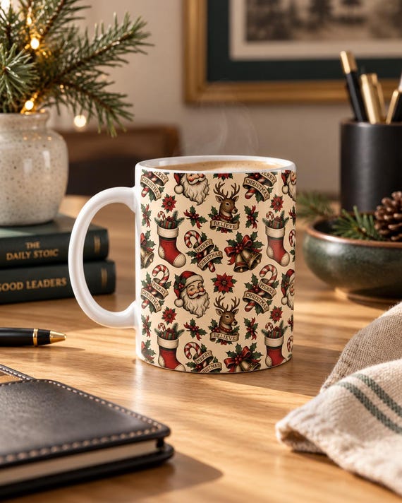 Tattoo Vintage Christmas, 15 oz Retro Santa Coffee Mug, Traditional Holiday, Reindeer Christmas Gift
